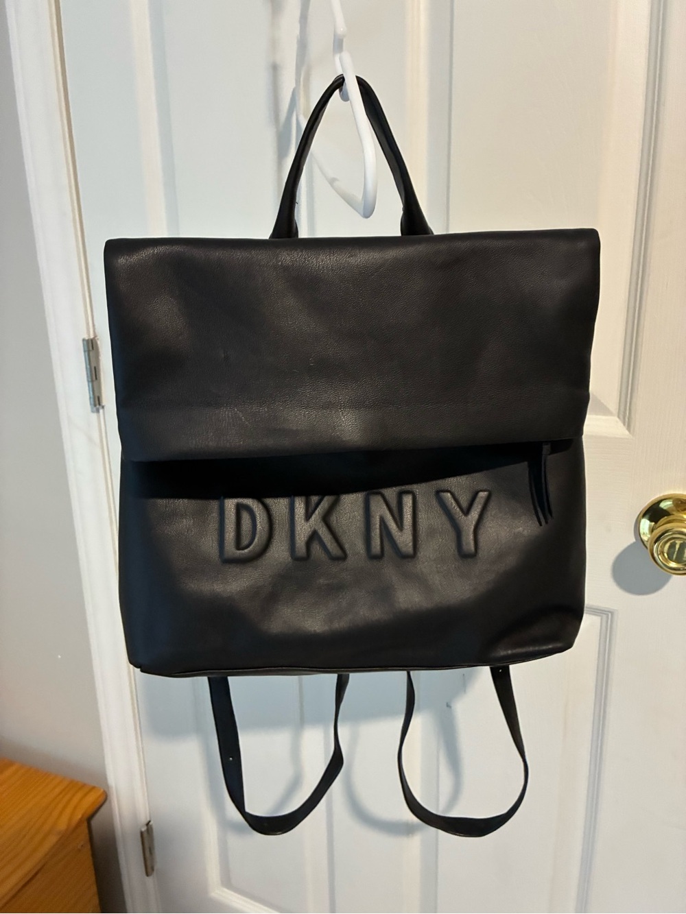 DKNY Designer Black Leather Fold-Top Backpack